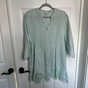 Symple NYC Women's Linen Size XL Blouse Top Lace Hem Lagonlook Beach Flowy Boho